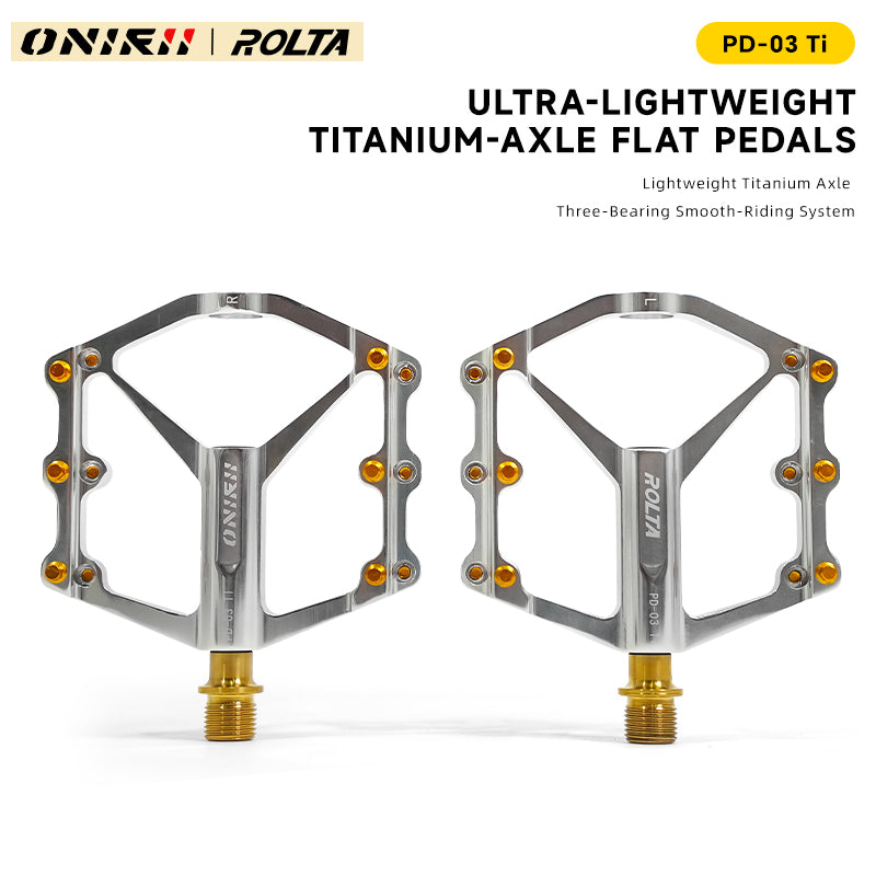 ONIRII PD-03 TI Ultralight Titanium Axle Flat Pedals with Triple Bearings Anti-Slip Pins for Road Folding and Mountain Bikes