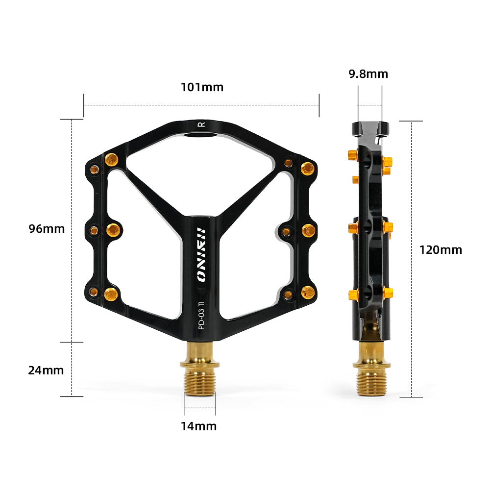 ONIRII PD-03 TI Ultralight Titanium Axle Flat Pedals with Triple Bearings Anti-Slip Pins for Road Folding and Mountain Bikes