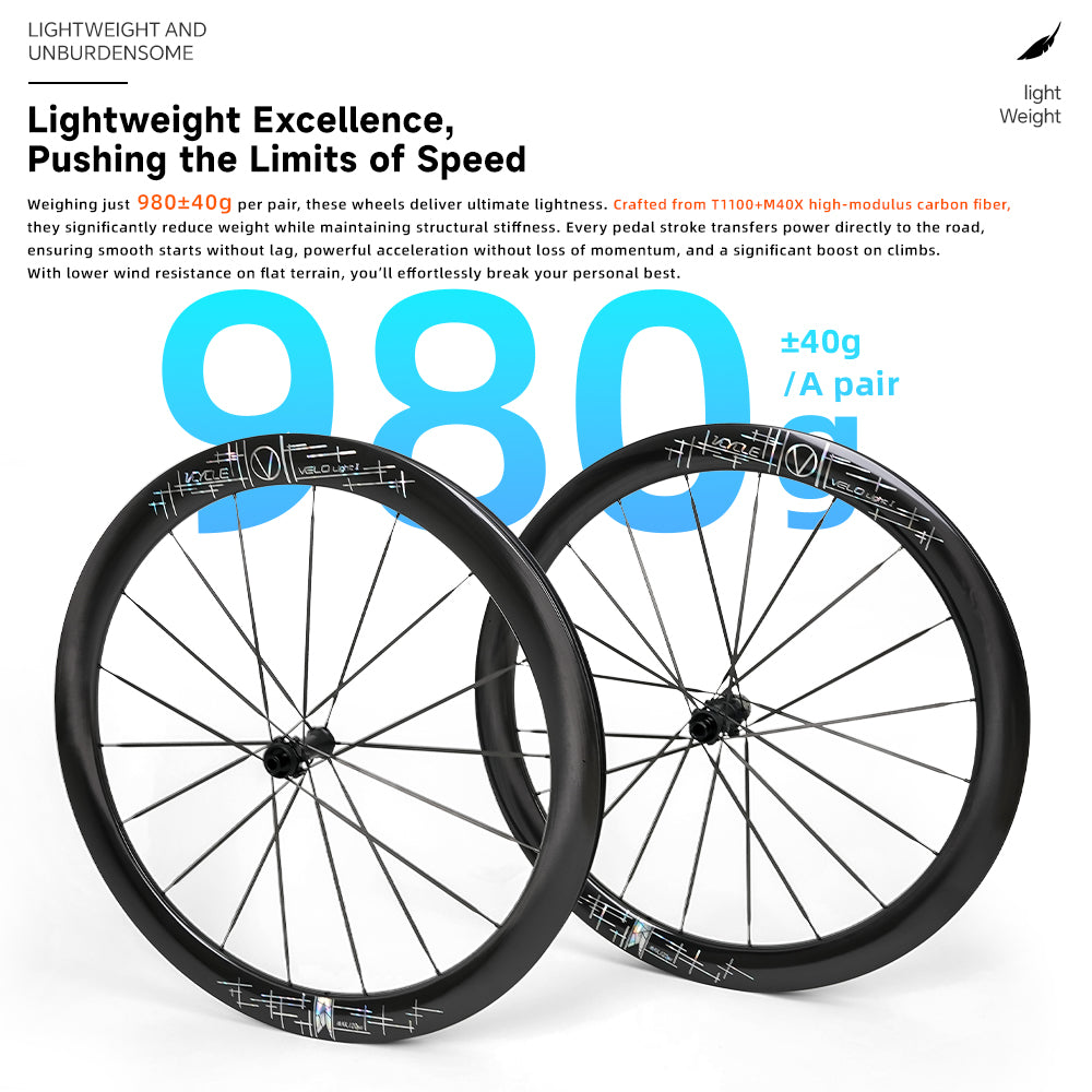 VCYCLE LIGHT I Carbon Ultra-Light Road Wheels Carbon Spokes Ceramic Bearings 100x142mm 50mm Rim for Road Bikes Bicycles