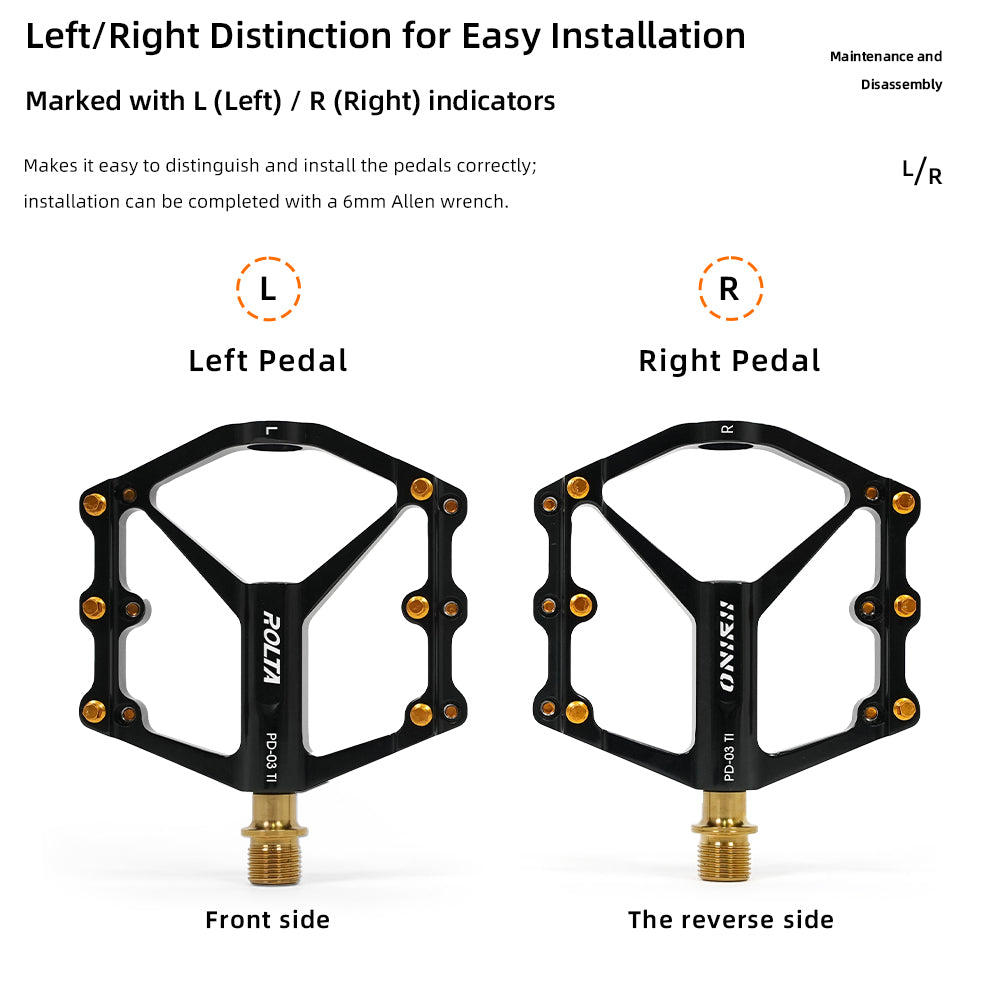 ONIRII PD-03 TI Ultralight Titanium Axle Flat Pedals with Triple Bearings Anti-Slip Pins for Road Folding and Mountain Bikes